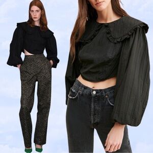 GHOSPELL Crinkle Wide Collar Blouse Black Goth Corset Crop Top Balloon Sleeve L